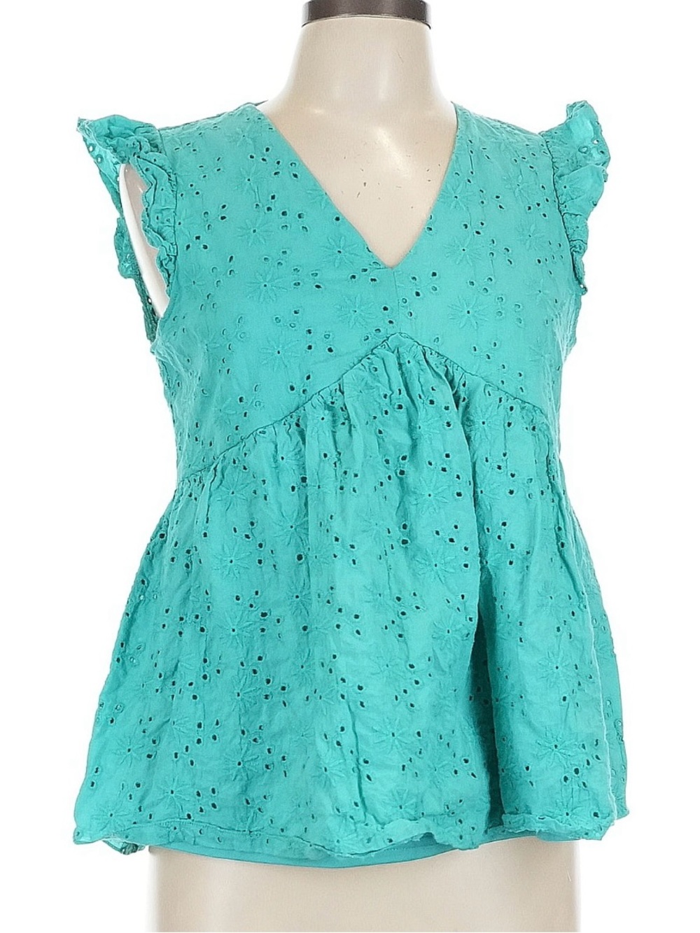 Teal Eyelet V-Neck Flutter Sleeve Top